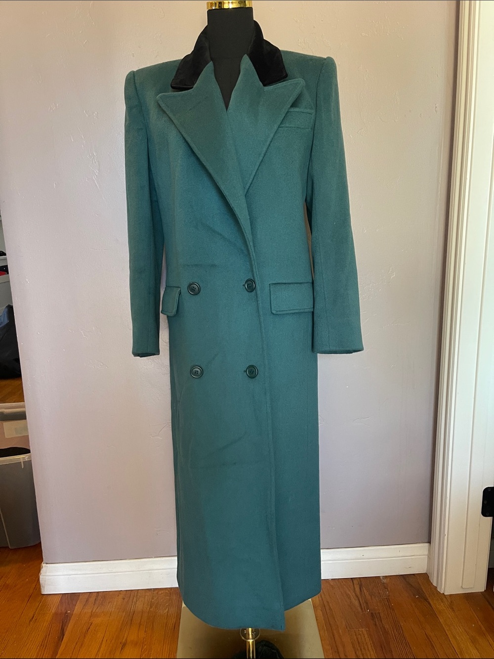 Vtg 1980s The Cambridge Shop Teal Full Length Double Breasted Wool Coat